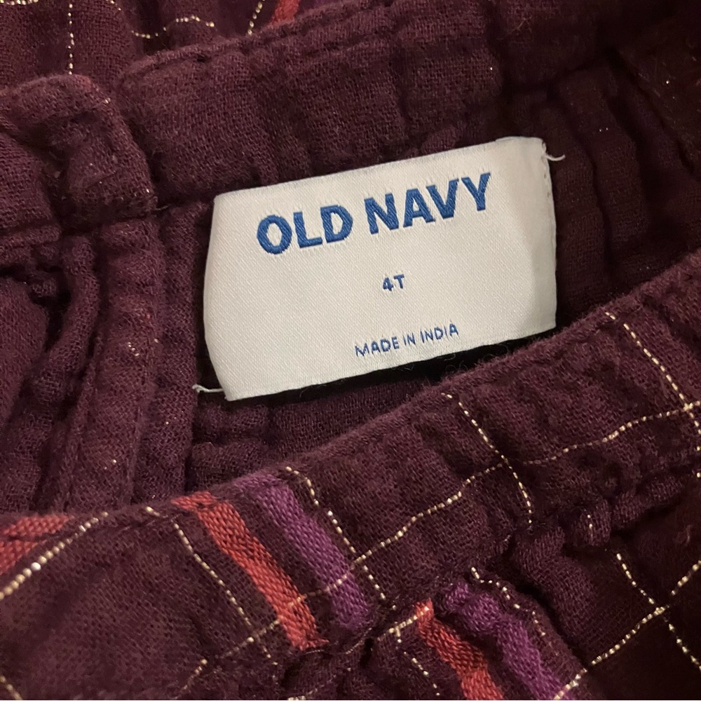 Old Navy Girl’s Sz 4T Burgundy & Gold Metallic-Plaid Swing Dress 3/4 Sleeves - Picture 6 of 7